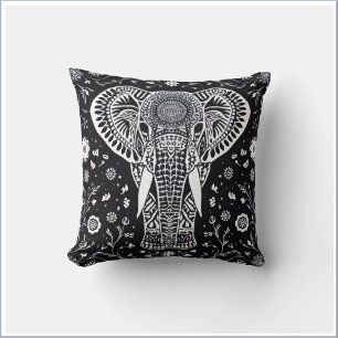 Boho zwart-wit batik olifant kussen