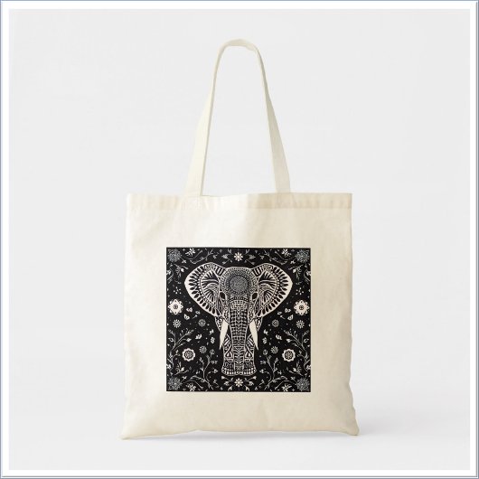 Boho zwart-wit batik olifant tote bag
