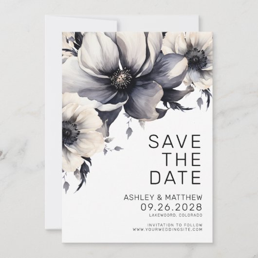 Boho Zwart Wit Bloemen Bruiloft Save The Date (Voorkant)
