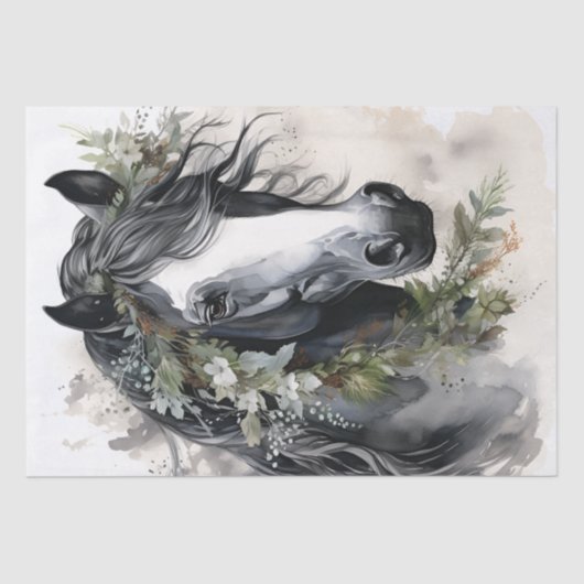 Boho Zwart-wit Bloemen Paard Tissuepapier (Voorkant)