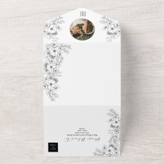 Boho Zwart-wit bruiloft All In One Uitnodiging (Buitenkant)