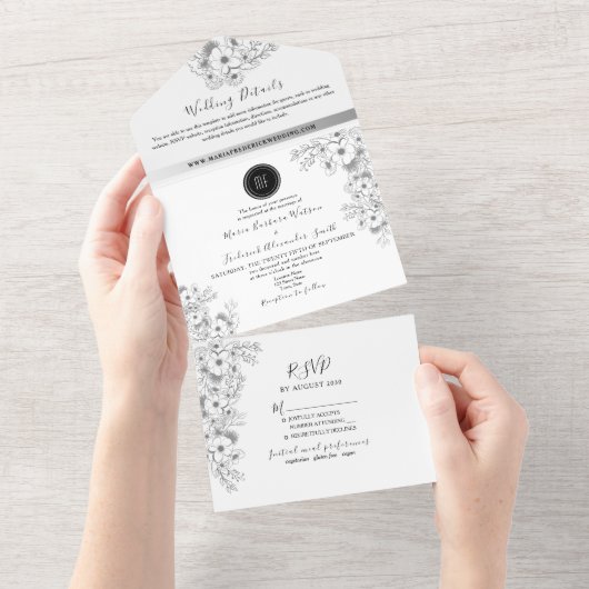 Boho Zwart-wit bruiloft All In One Uitnodiging (Afscheurbaar)