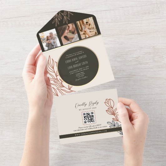 Boho Zwart-wit bruiloft All In One Uitnodiging (Afscheurbaar)