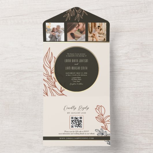 Boho Zwart-wit bruiloft All In One Uitnodiging (Binnen)