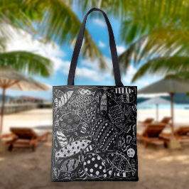 Boho zwart-wit decoratieve vispatroon tote bag