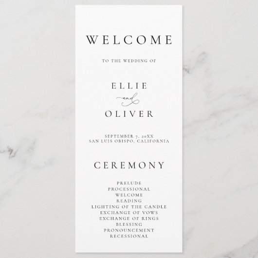 Boho Zwart & Wit Elegante Minimalistische Huwelijk Programmakaart (Voorkant)