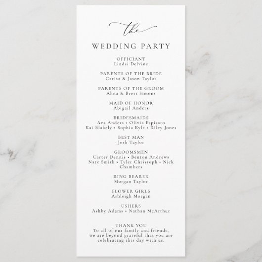 Boho Zwart & Wit Elegante Minimalistische Huwelijk Programmakaart (Achterkant)