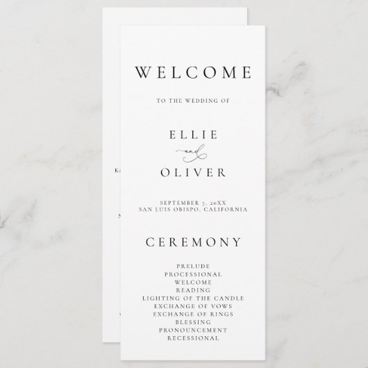 Boho Zwart & Wit Elegante Minimalistische Huwelijk Programmakaart (Voorkant / Achterkant)