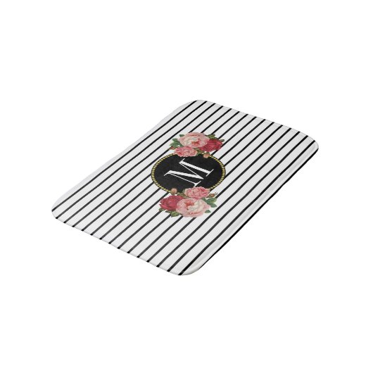 Boho zwart wit gestreept bloemmonogram badmat (Gekanteld)