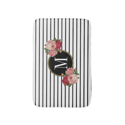 Boho zwart wit gestreept bloemmonogram badmat (Voorkant Verticaal)