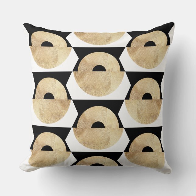 Boho zwart wit goud geometrisch patroon kussen (Voorkant)