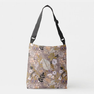 Boho Zwart Wit Goud Perzik Lijn Getekend Blad Bloe Crossbody Tas