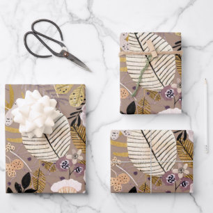 Boho Zwart Wit Goud Perzik Lijn Getekend Blad Bloe Inpakpapier Vel