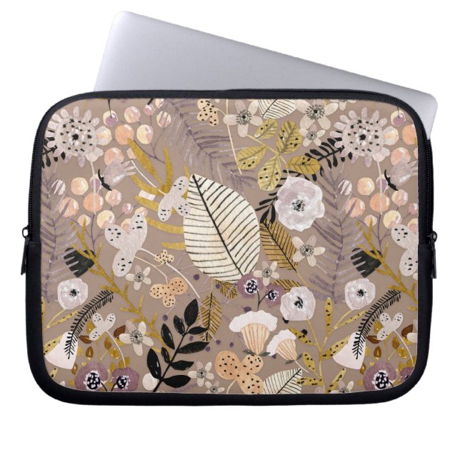 Boho Zwart Wit Goud Perzik Lijn Getekend Blad Bloe Laptop Sleeve (Voorkant)