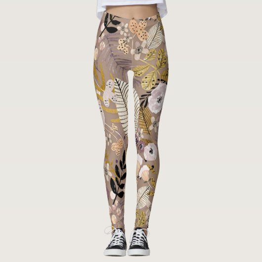 Boho Zwart Wit Goud Perzik Lijn Getekend Blad Bloe Leggings (Voorkant)