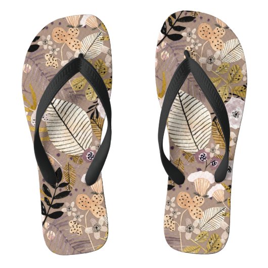 Boho Zwart Wit Goud Perzik Lijn Getekend Blad Bloe Teenslippers (Voetbed)
