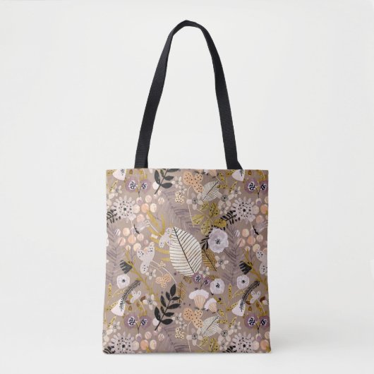 Boho Zwart Wit Goud Perzik Lijn Getekend Blad Bloe Tote Bag (Voorkant)