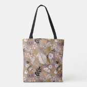 Boho Zwart Wit Goud Perzik Lijn Getekend Blad Bloe Tote Bag (Achterkant)