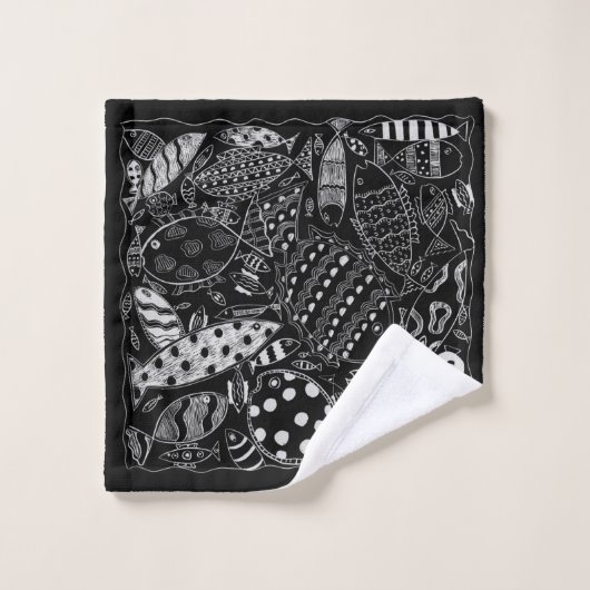 Boho zwart-wit grillig vissenpatroon bad handdoek (Wasdoekje)