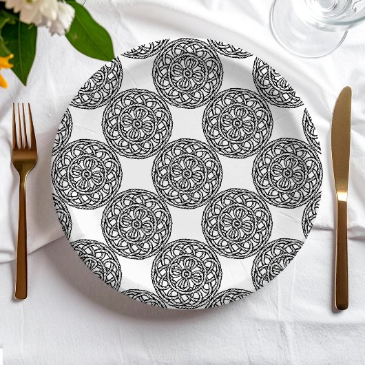 Boho zwart-wit knopen en touwen patroon papieren bordje