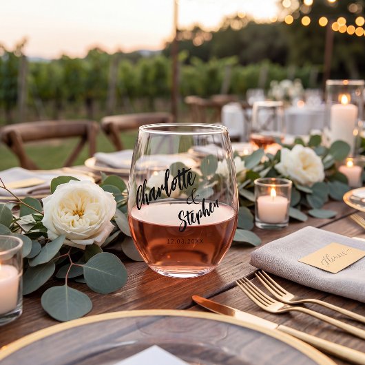 Boho zwart wit minimalistisch script trouw aangepa wijnglas zonder voet