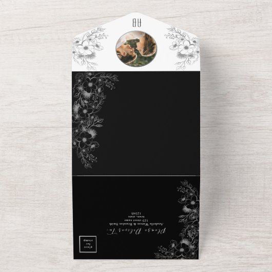 Boho zwart-wit Monogram bruiloft All In One Uitnodiging (Buitenkant)