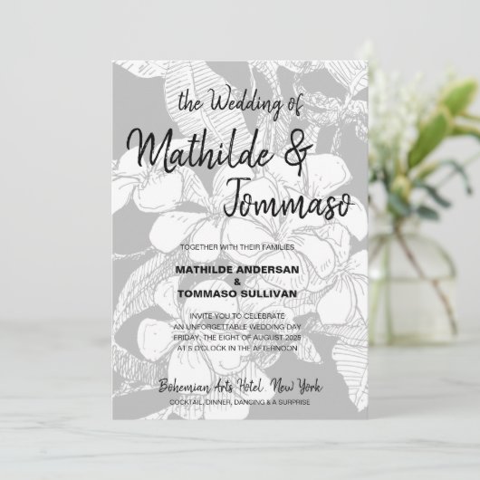 Boho Zwart Wit Tekening Bloemen Huwelijk Kaart (Staand voorkant)