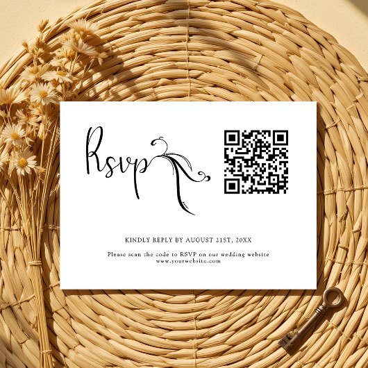Boho Zwart Wit Trouwen QR Code Budget RSVP Kaart Notitiekaartje