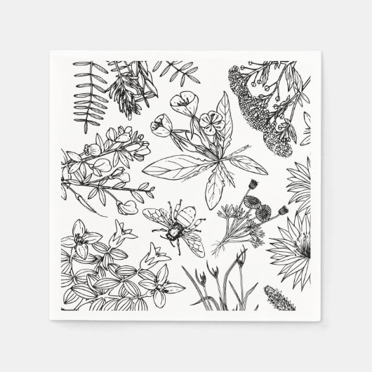 Boho Zwart-wit Wildflower Papier Servet (Voorkant)
