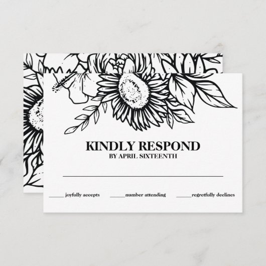 Boho Zwart & Wit Zonnebloem Boeket Handvasten Informatiekaartje (Voorkant / Achterkant)