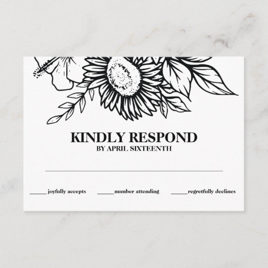 Boho Zwart & Wit Zonnebloem Boeket Handvasten Informatiekaartje (Voorkant)