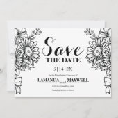 Boho Zwart & Wit Zonnebloem Boeket Handvasten Save The Date (Voorkant)