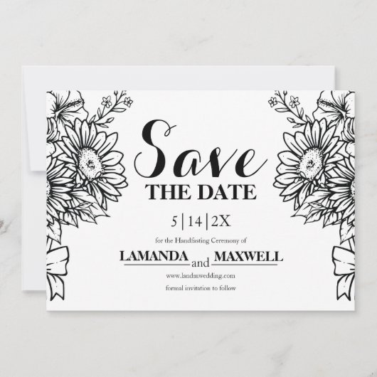 Boho Zwart & Wit Zonnebloem Boeket Handvasten Save The Date (Voorkant)