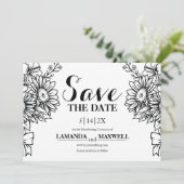 Boho Zwart & Wit Zonnebloem Boeket Handvasten Save The Date (Staand voorkant)