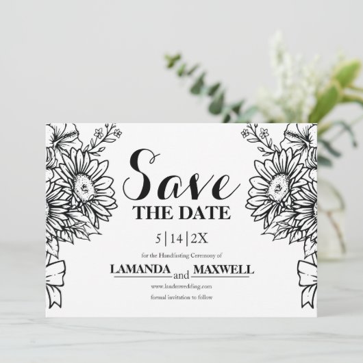Boho Zwart & Wit Zonnebloem Boeket Handvasten Save The Date (Staand voorkant)