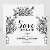 Boho Zwart & Wit Zonnebloem Boeket Handvasten Save The Date (Voorkant / Achterkant)