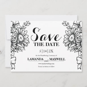 Boho Zwart & Wit Zonnebloem Boeket Handvasten Save The Date