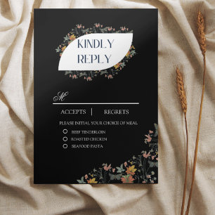 Boho zwarte bloem met maaltijden RSVP kaart