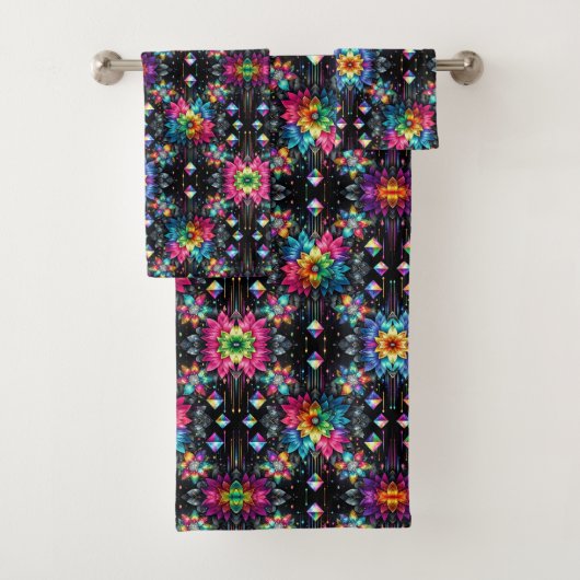 Boho Zwarte Bloemen Regenboog Bad Handdoek (Insitu)