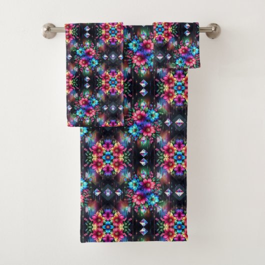 Boho Zwarte Bloemen Regenboog Bad Handdoek (Insitu)