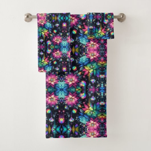 Boho Zwarte Bloemen Regenboog Bad Handdoek (Insitu)