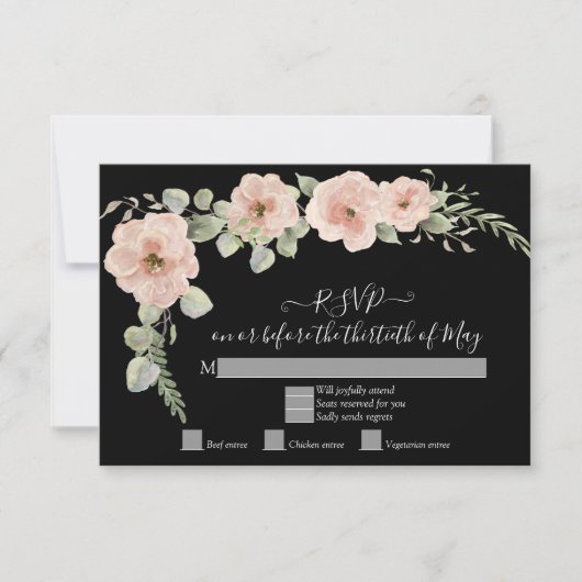 Boho Zwarte Bloemige Blush Roze Roos RSVP Reactie Kaartje (Voorkant)