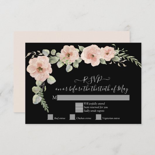 Boho Zwarte Bloemige Blush Roze RSVP Reactie (Voorkant / Achterkant)