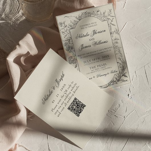 Boho Zwarte Crème Bloemige Botanische QR Code Trou Kaart