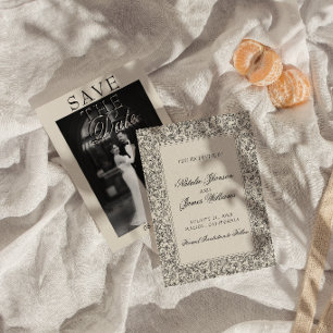 Boho Zwarte Crème Bloemige Foto Botanische Bruilof Save The Date