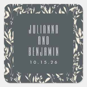 Boho Zwarte Handgetekende Bloemige Trouw Custom Vierkante Sticker