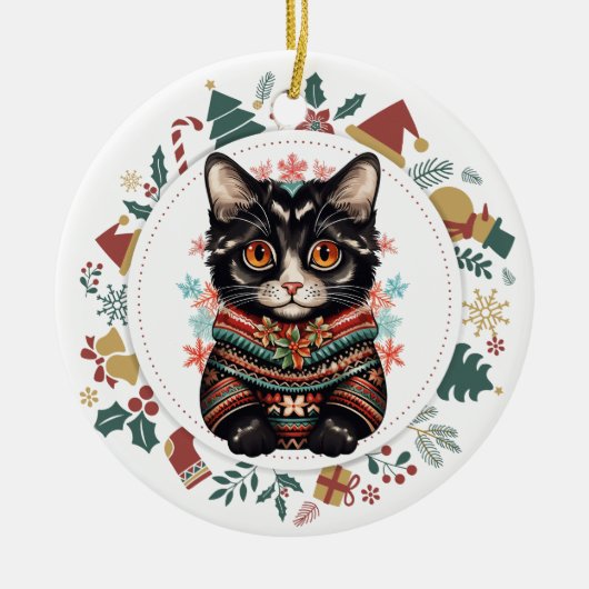 Boho Zwarte Kat in Winter Sweater Kerstmis Keramisch Ornament (Voorkant)