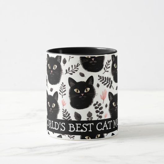 Boho zwarte katten en bladeren kat mam mok (Midden)