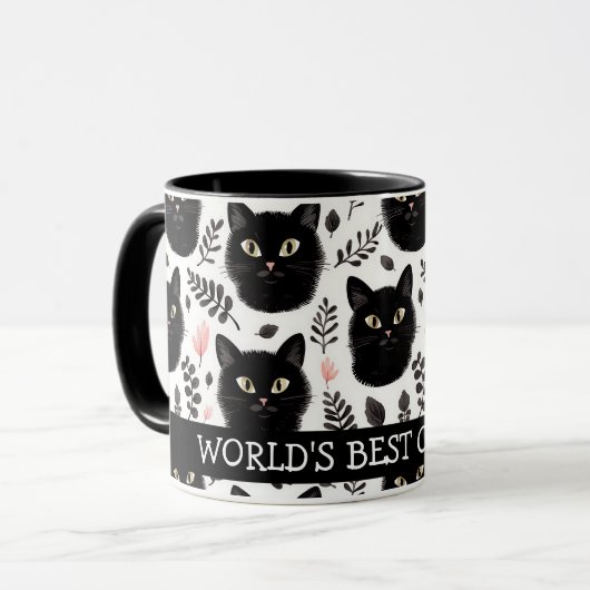 Boho zwarte katten en bladeren kat mam mok (Voorkant links)