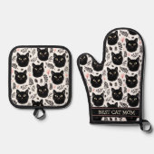 Boho zwarte katten en bladeren patroon beste moede ovenwant & pannenlap set (Voorkant)
